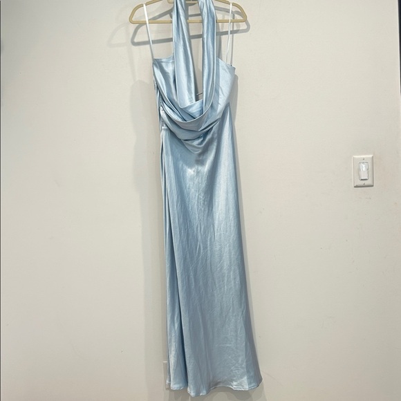 Here comes the sun Cinderella satin Ice blue maxi reverse halter gown XL  New